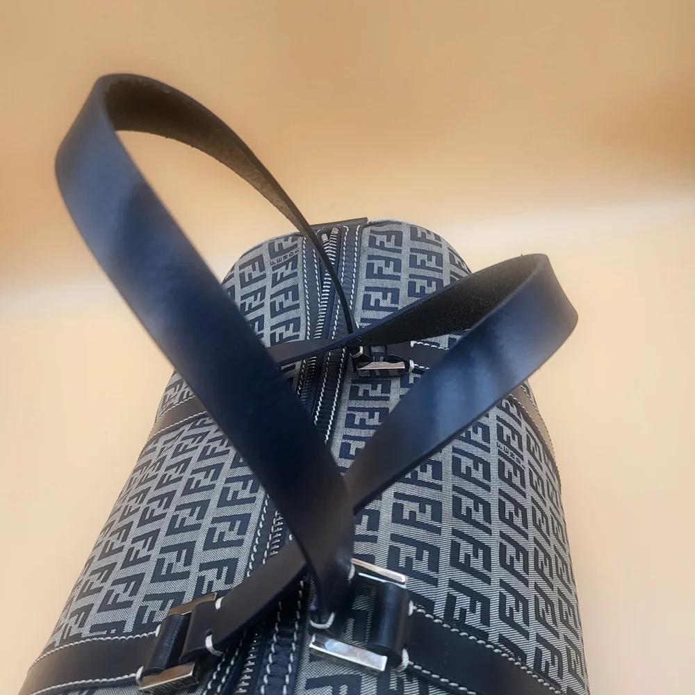 FENDI Zucchino FF Canvas Leather Boston 30 HandBag Navy..Authentic...W/COA.